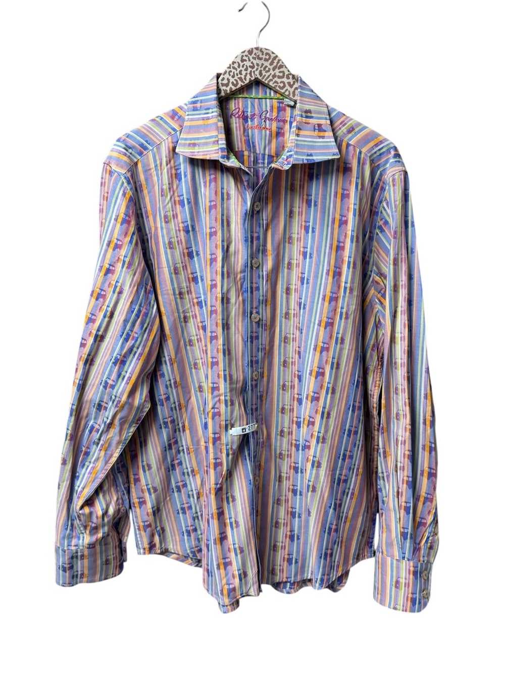 Robert Graham Mens Exclusive Shirt Flip Cuff Striped Cars Damask Long Sleeve XL